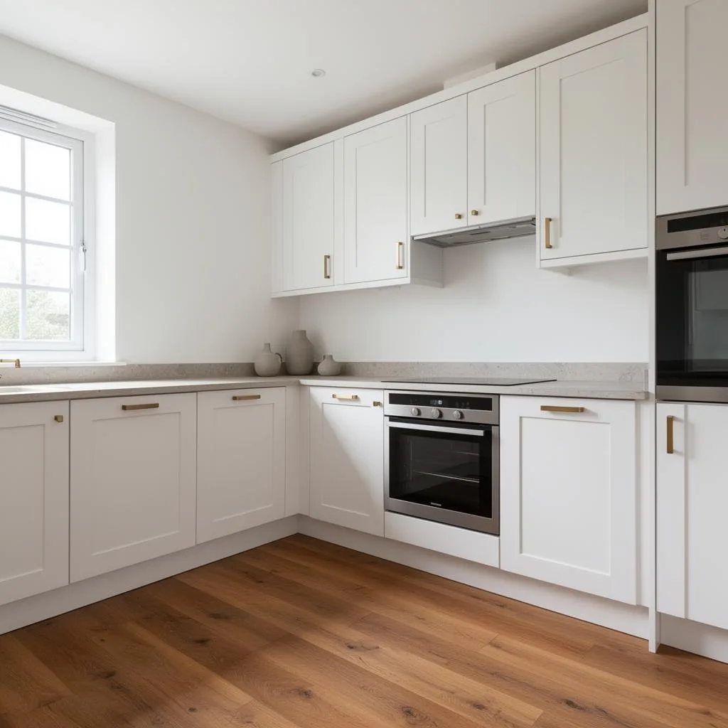 Tradesman installing a flat-pack kitchen with stone benchtop